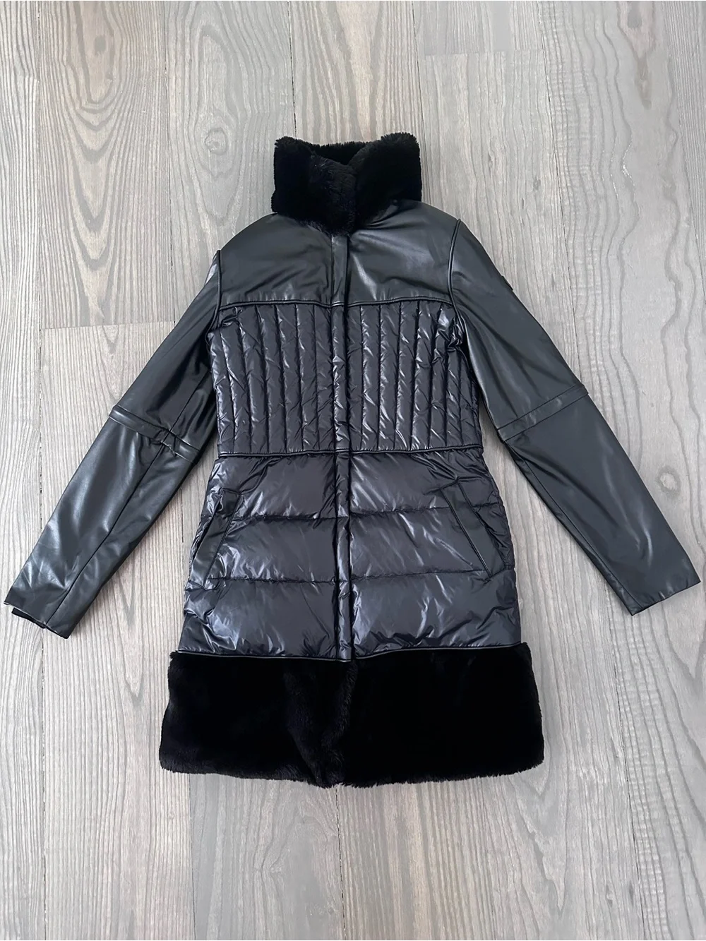 SNOWMAN New York Black Mixed-Media Down Puffer Coat with Faux Fur Trim
